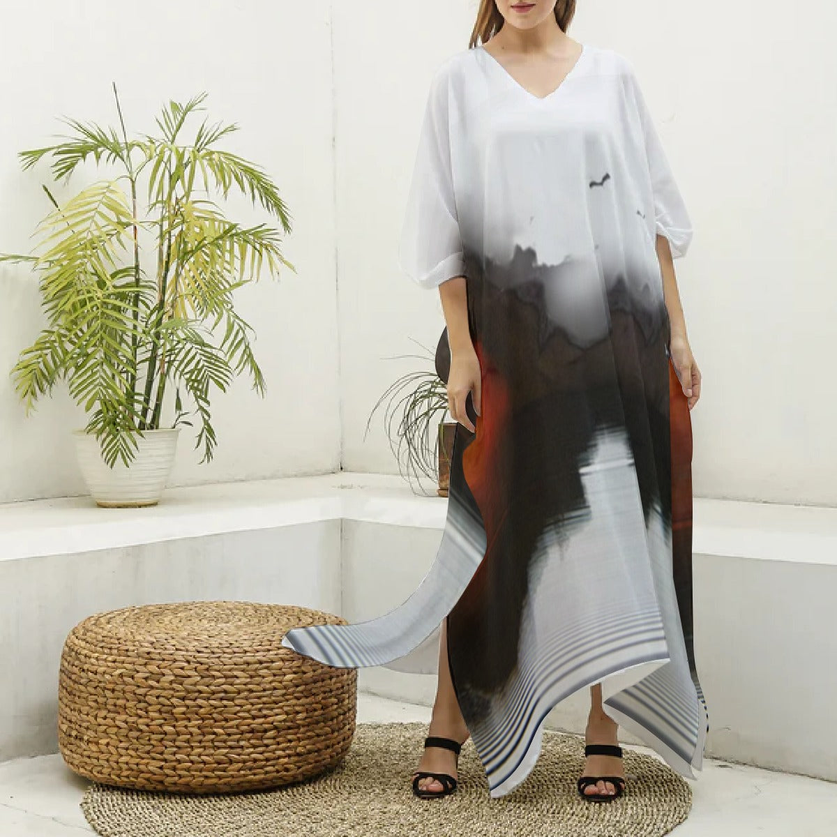 Women's V-neck Long Dress Gray/Red