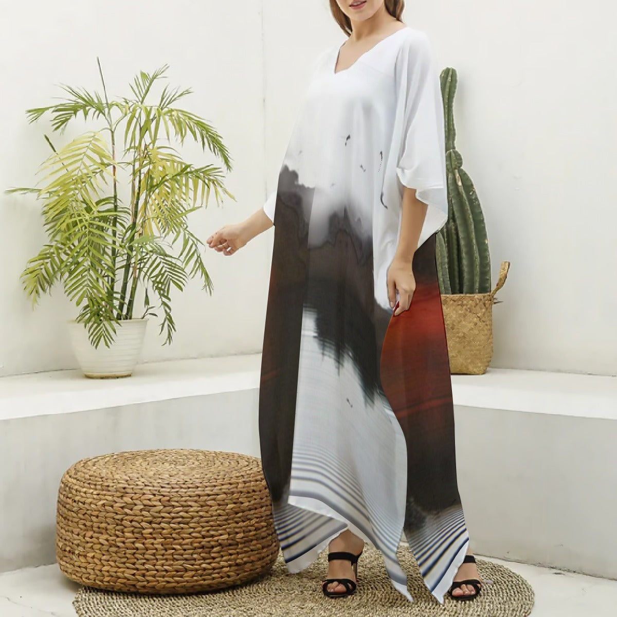 Women's V-neck Long Dress Gray/Red