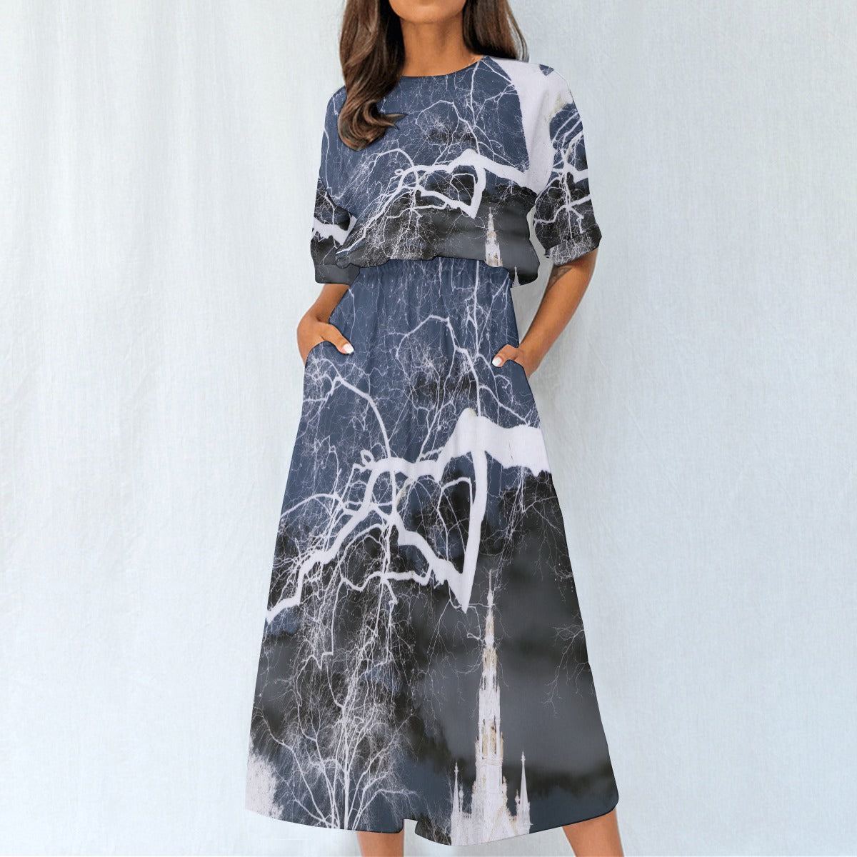 Women's Elastic Waist Dress Gray/Blue