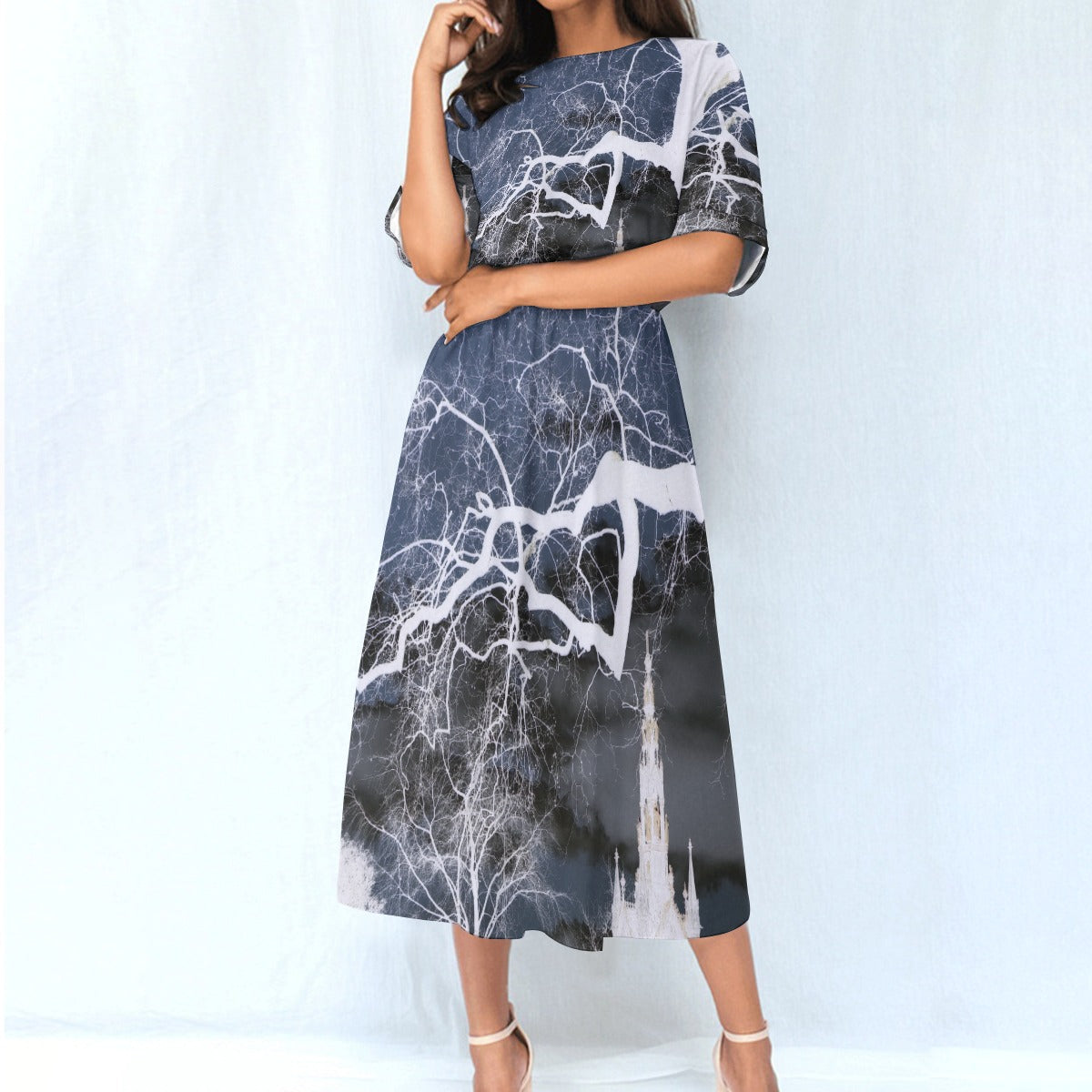 Women's Elastic Waist Dress Gray/Blue