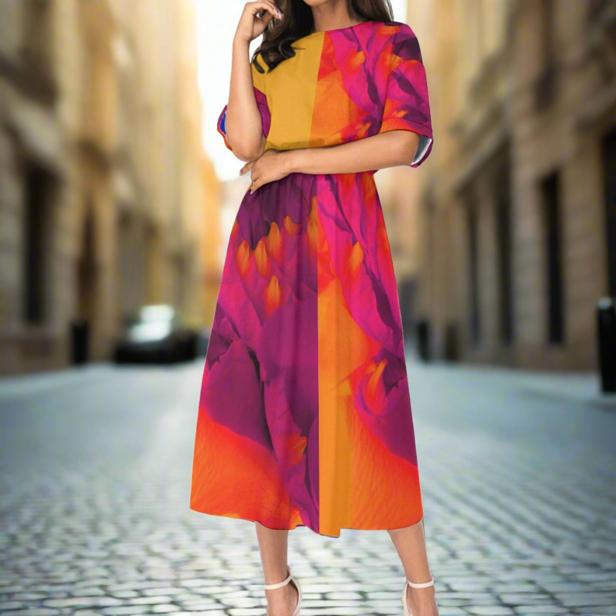 Women's Elastic Waist Dress Orange
