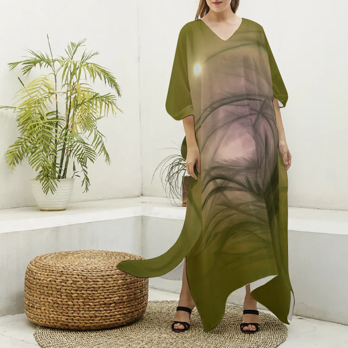Women's V-neck Long Dress Green