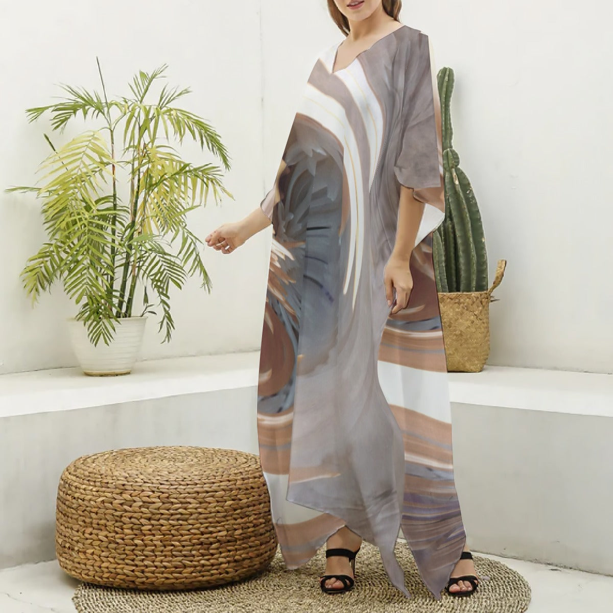 Women's V-neck Long Dress Gray/White