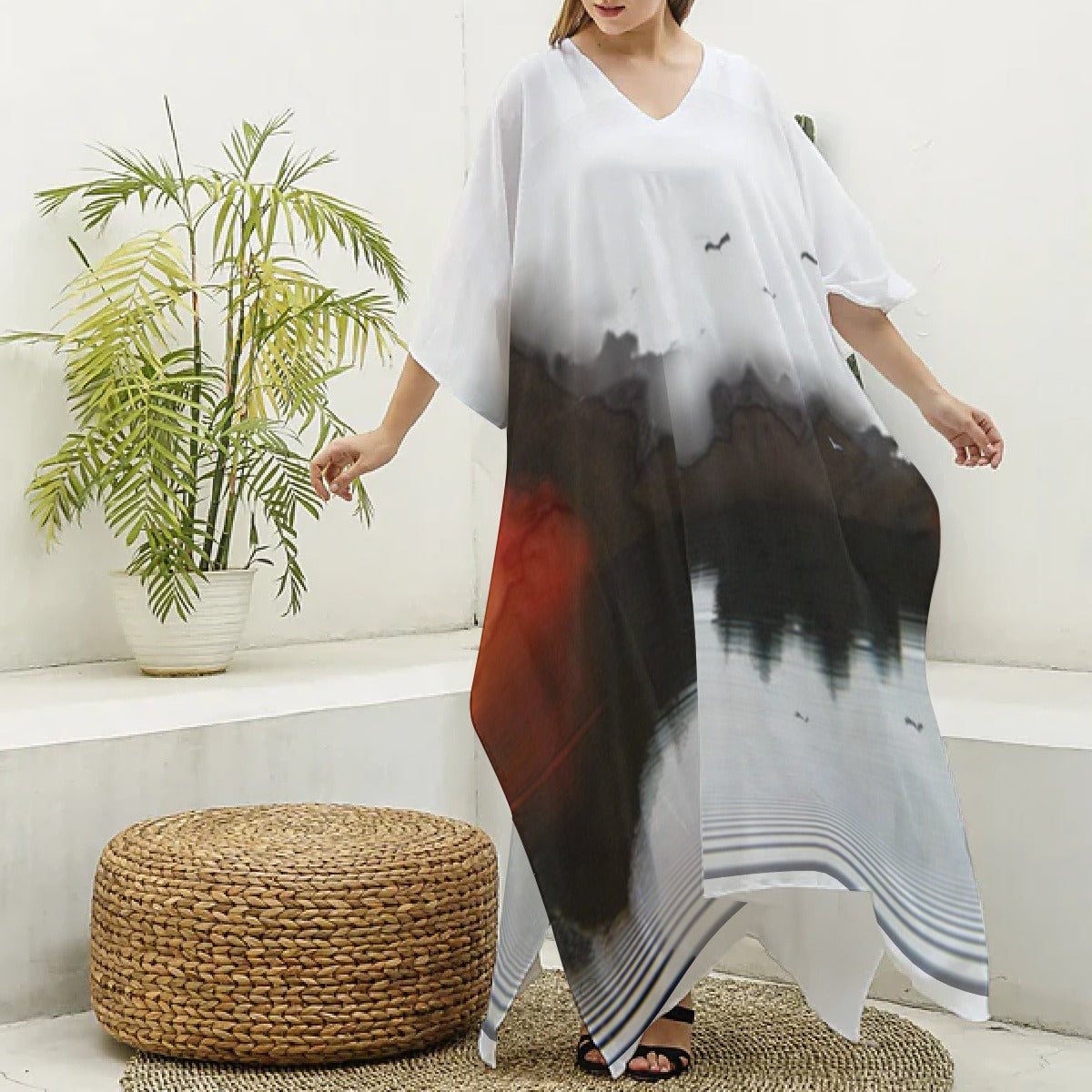 Women's V-neck Long Dress Gray/Red