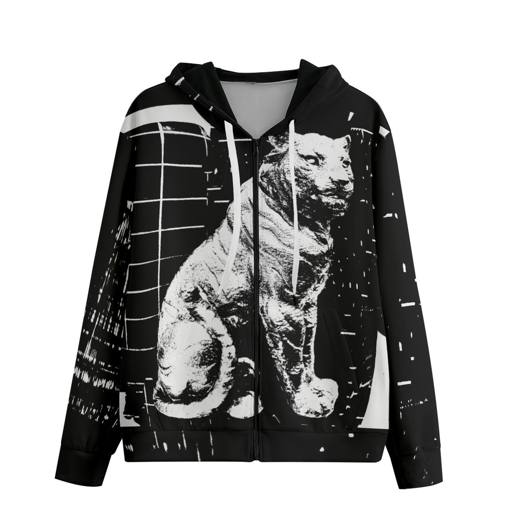Black hoodie with white tiger design on a white background
