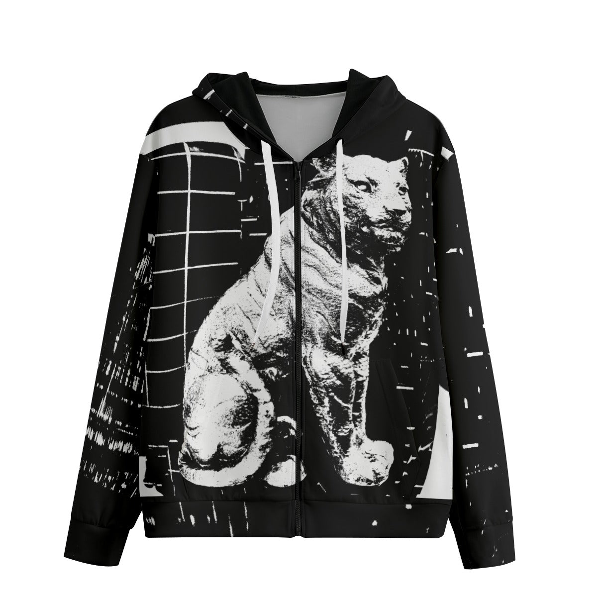 Black hoodie with white tiger design on a white background