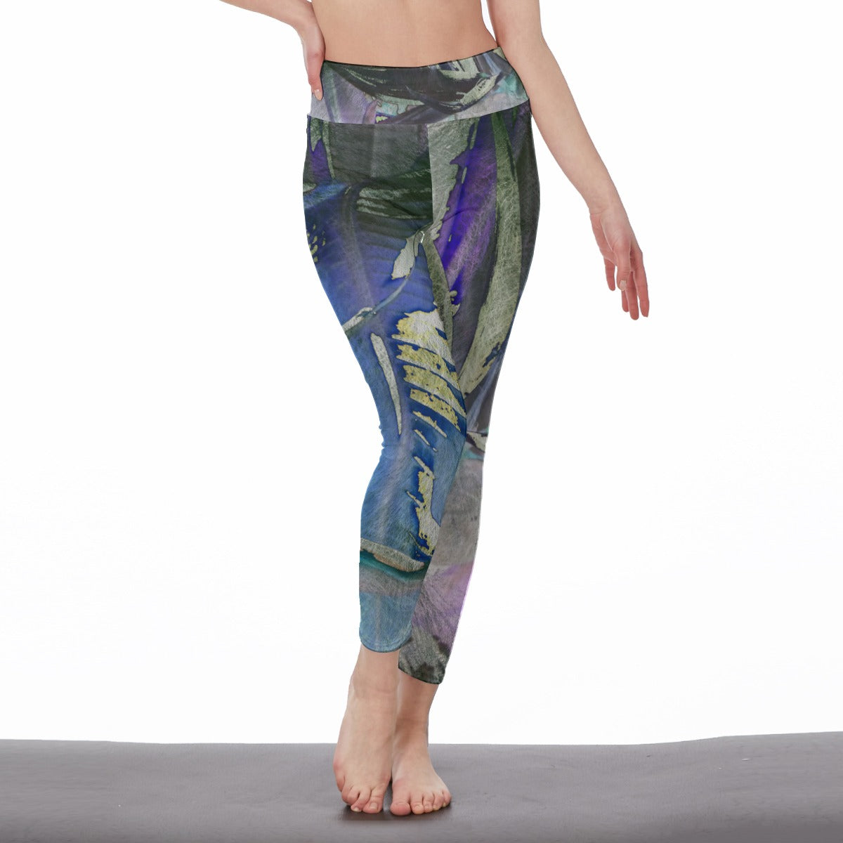 Colorful patterned leggings worn by a person on a white background