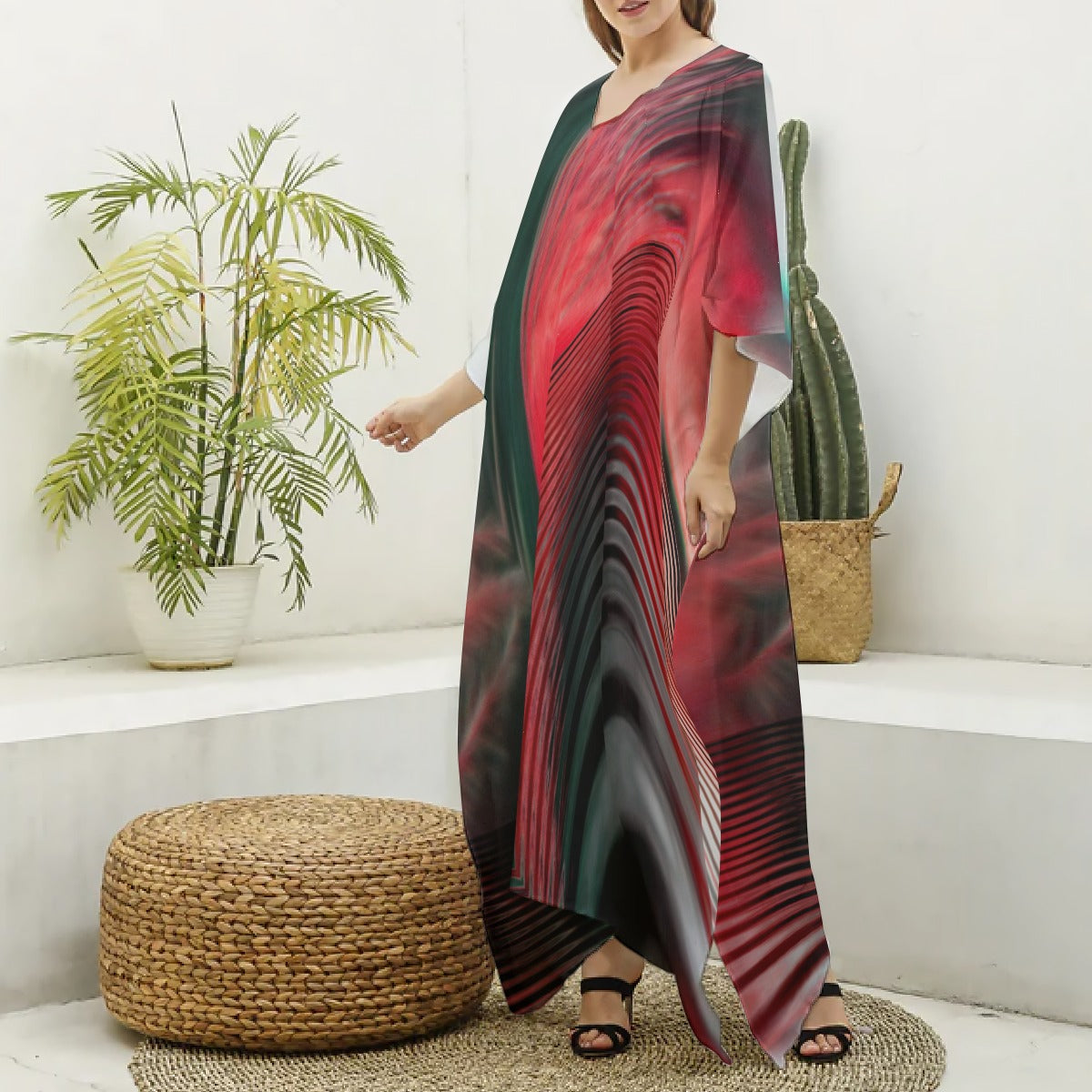 Women's V-neck Long Dress Red/Gray