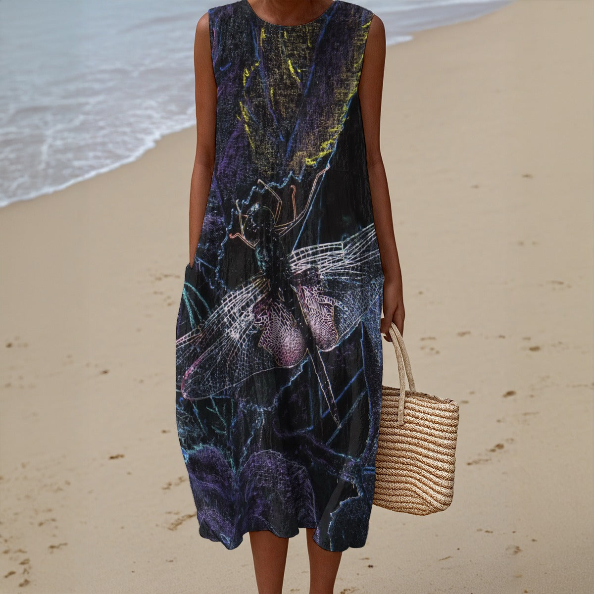 Woman in a sleeveless dress with a beach background