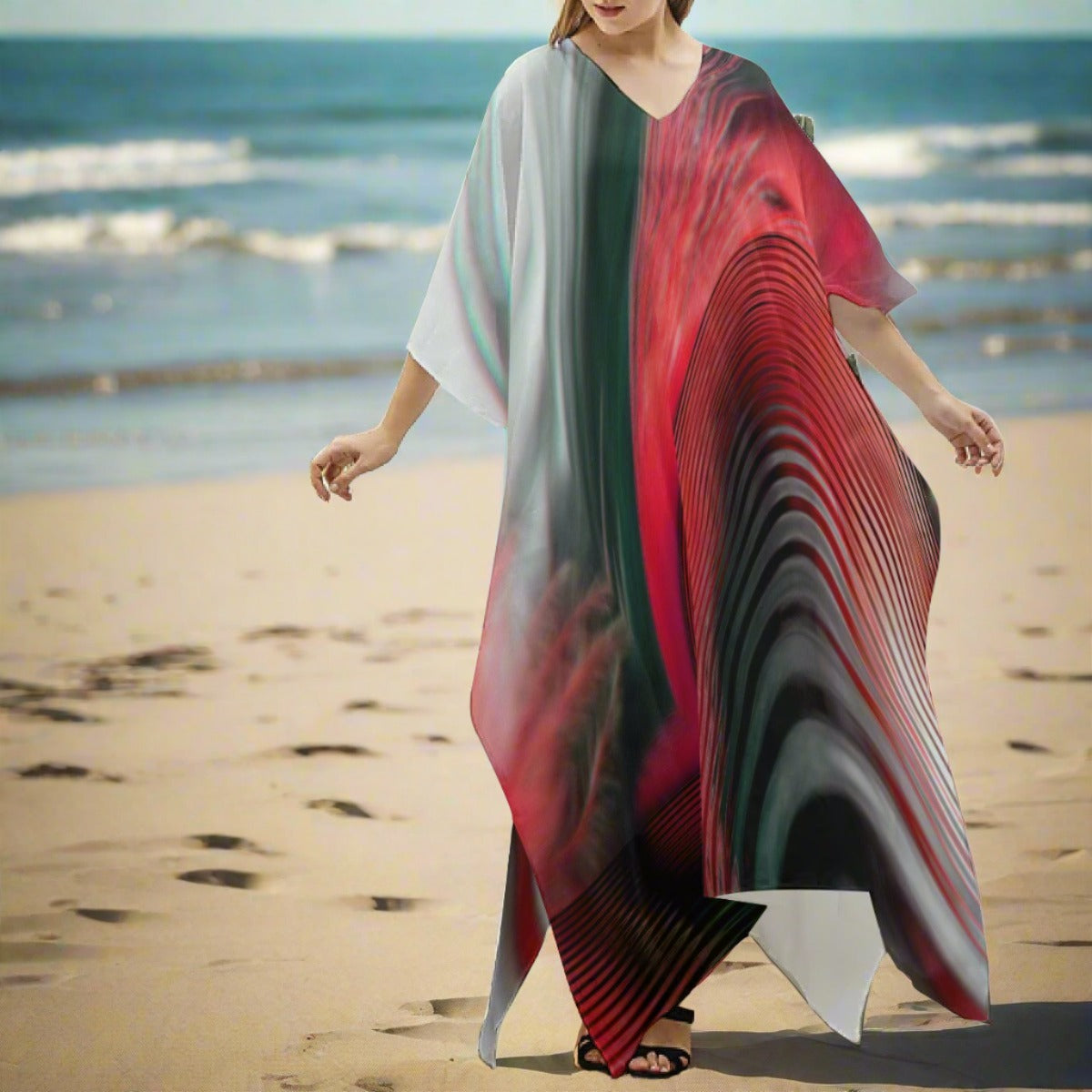 Women's V-neck Long Dress Red/Gray