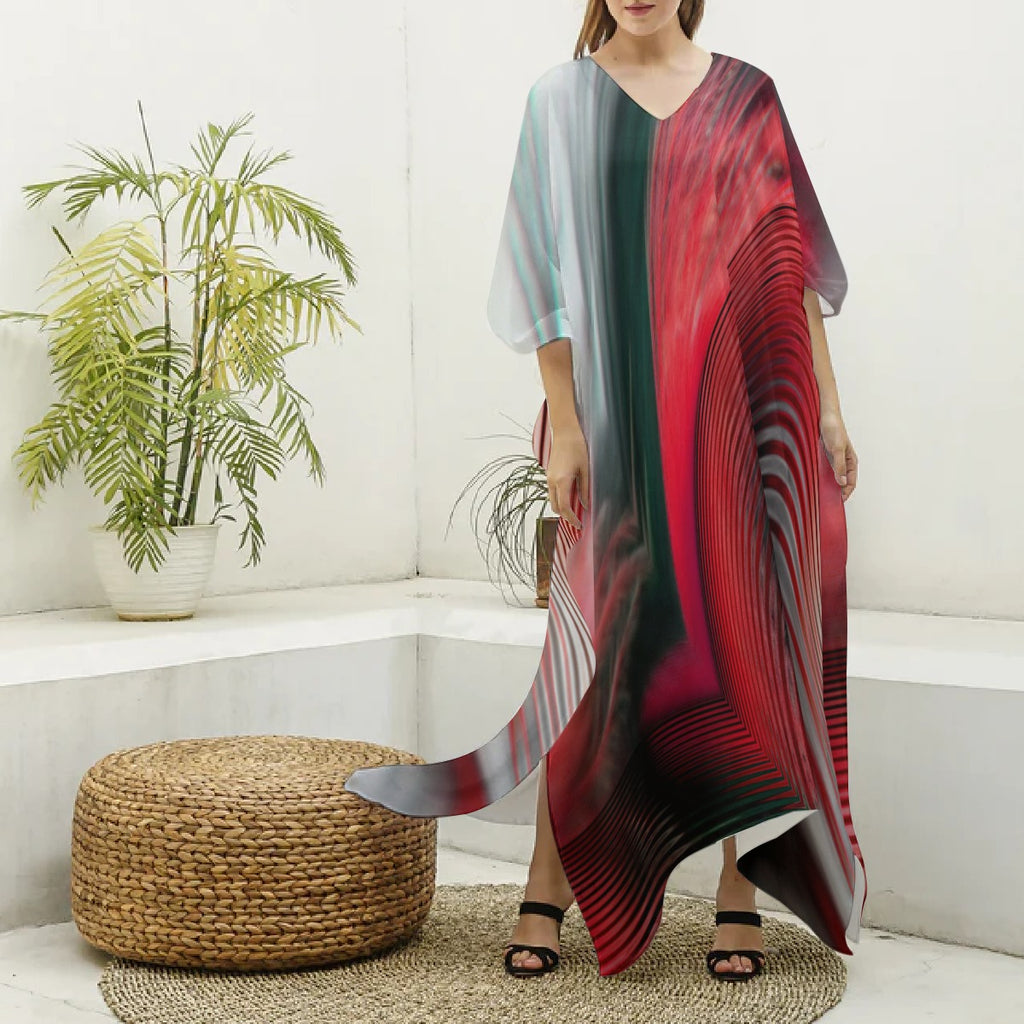 Women's V-neck Long Dress Red/Gray