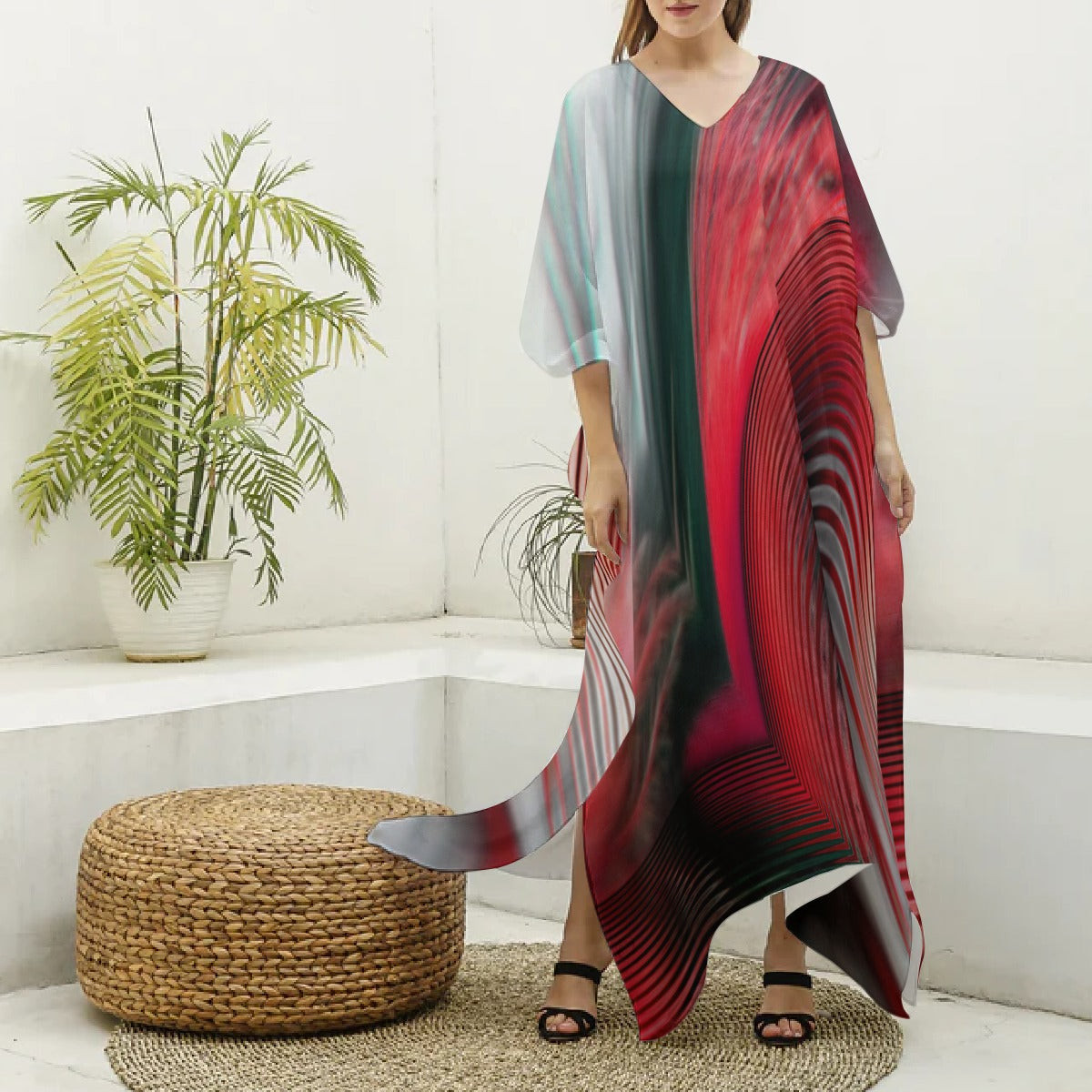Women's V-neck Long Dress Red/Gray