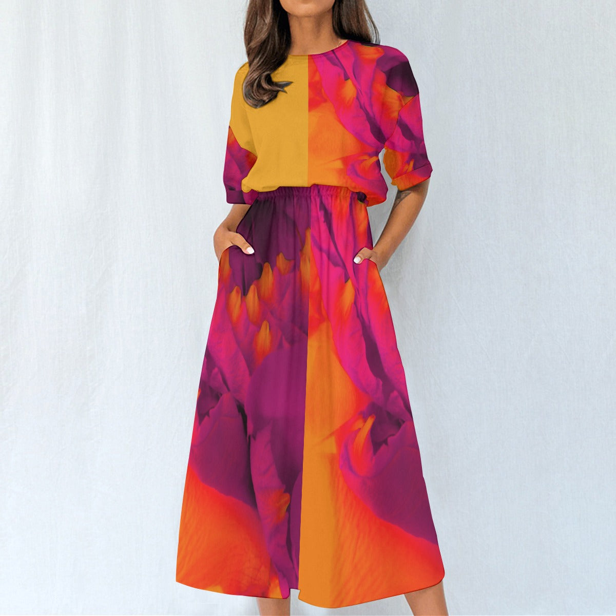  Women's Elastic Waist Dress Orange