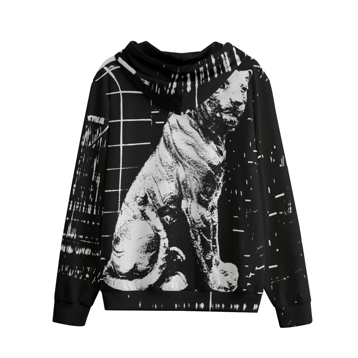 Black hoodie with white tiger graphic on a white background