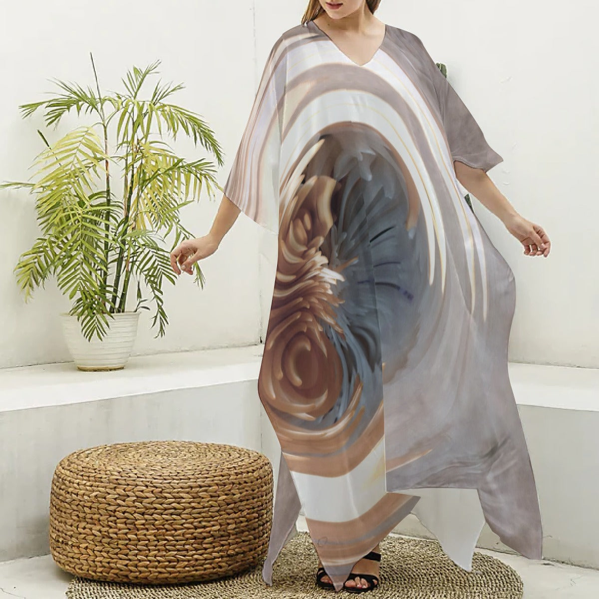 Women's V-neck Long Dress Gray/White