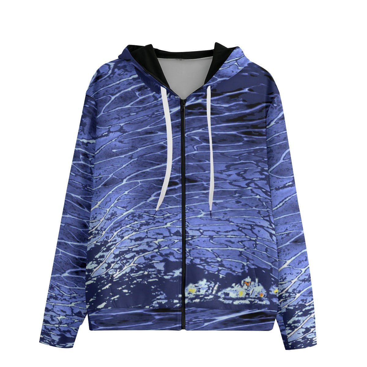 Blue patterned hoodie with a white zipper on a white background