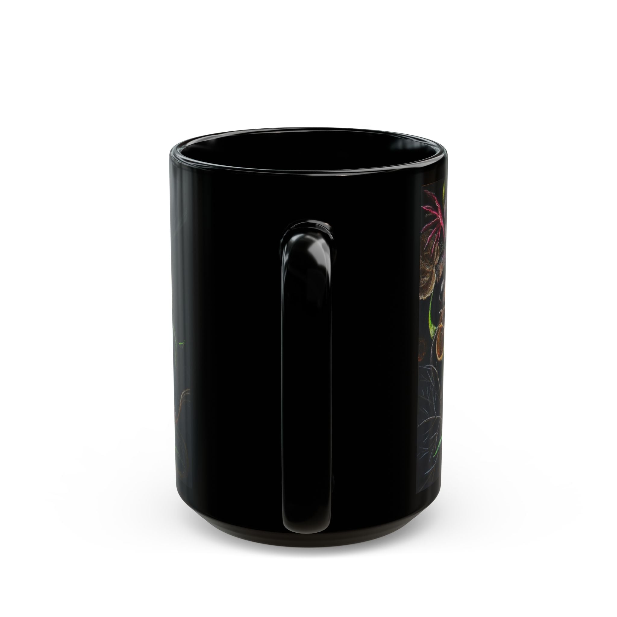 Artistic Black Mug with Floral Design, Botanical Coffee Cup, Unique Gift for Nature Lovers, Morning Tea Mug, Eco-Friendly Drinkware