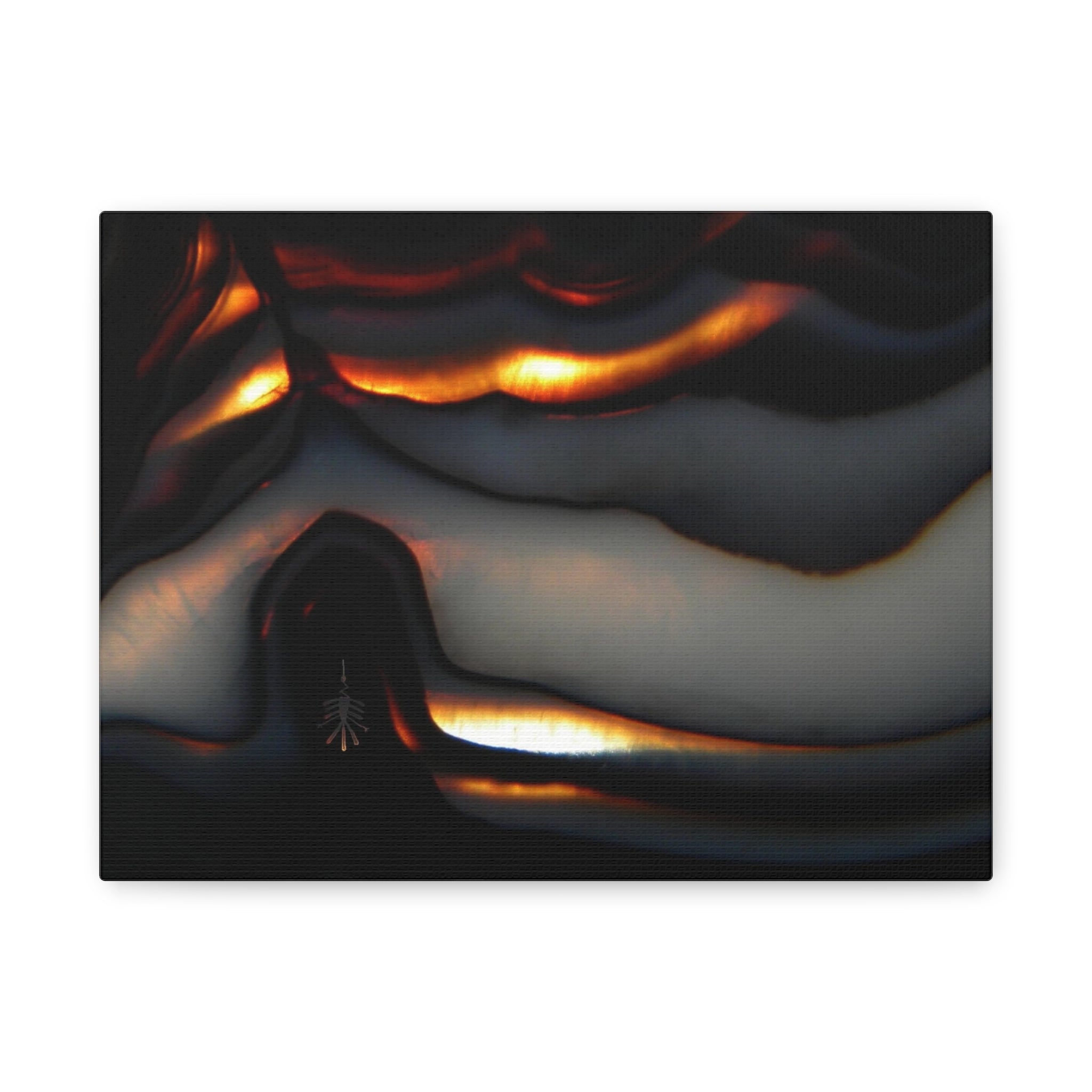 Abstract artwork with wavy patterns and warm colors on a white background