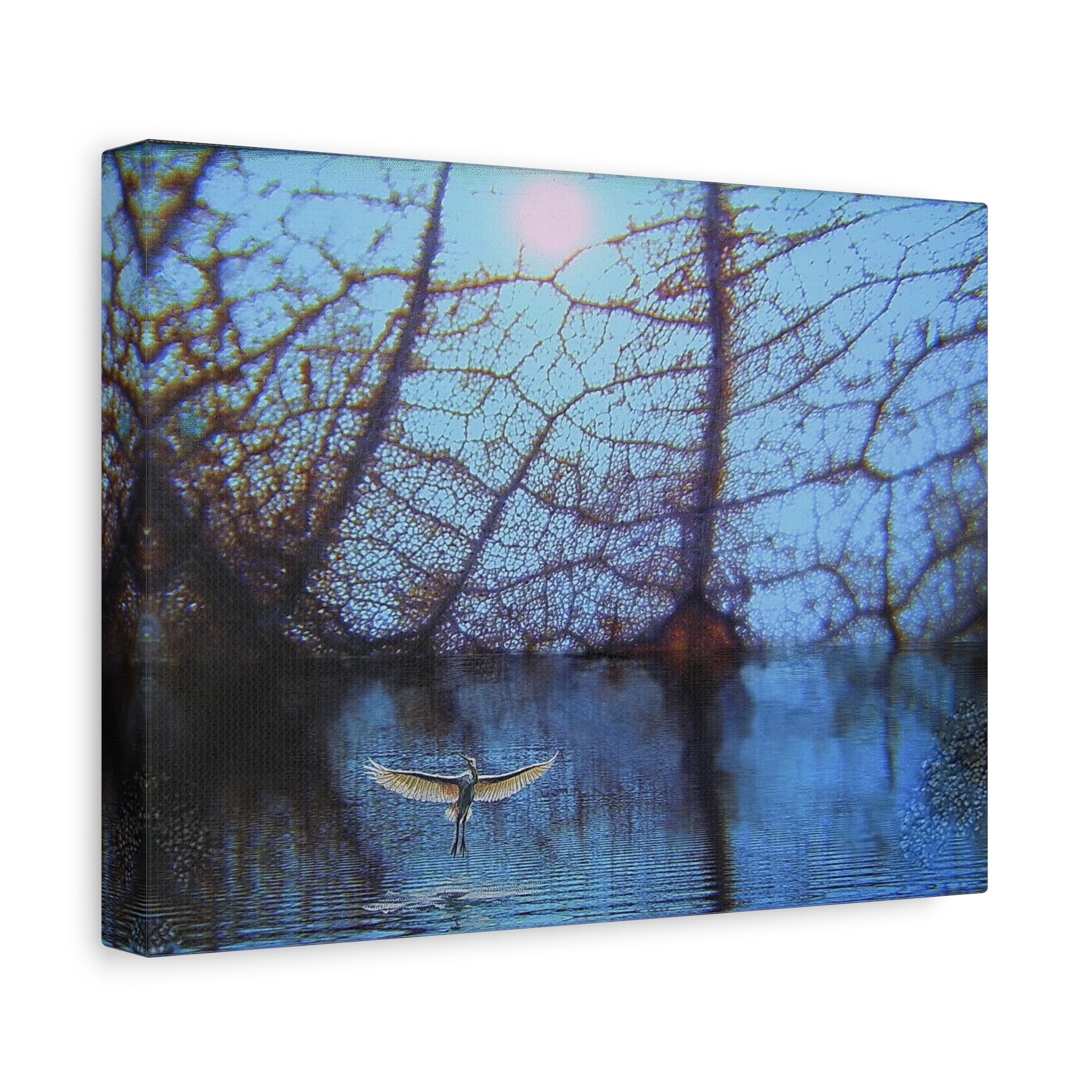 Canvas print of a bird flying over water with tree reflections at dusk.