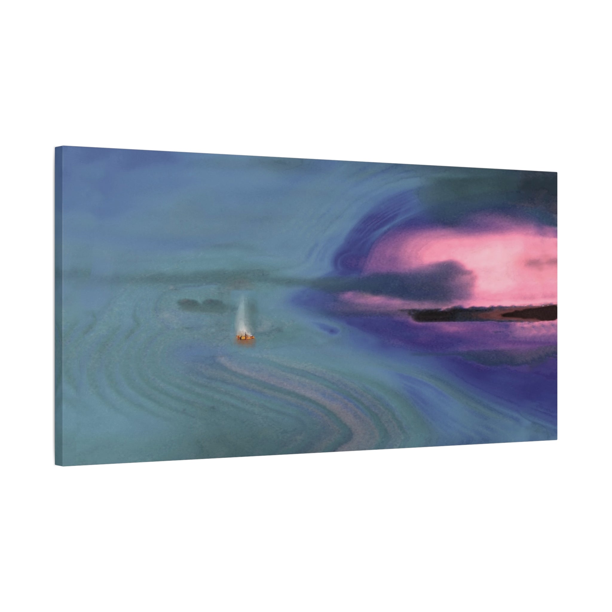 Canvas print of a stylized landscape with a boat on water and a pink cloud.