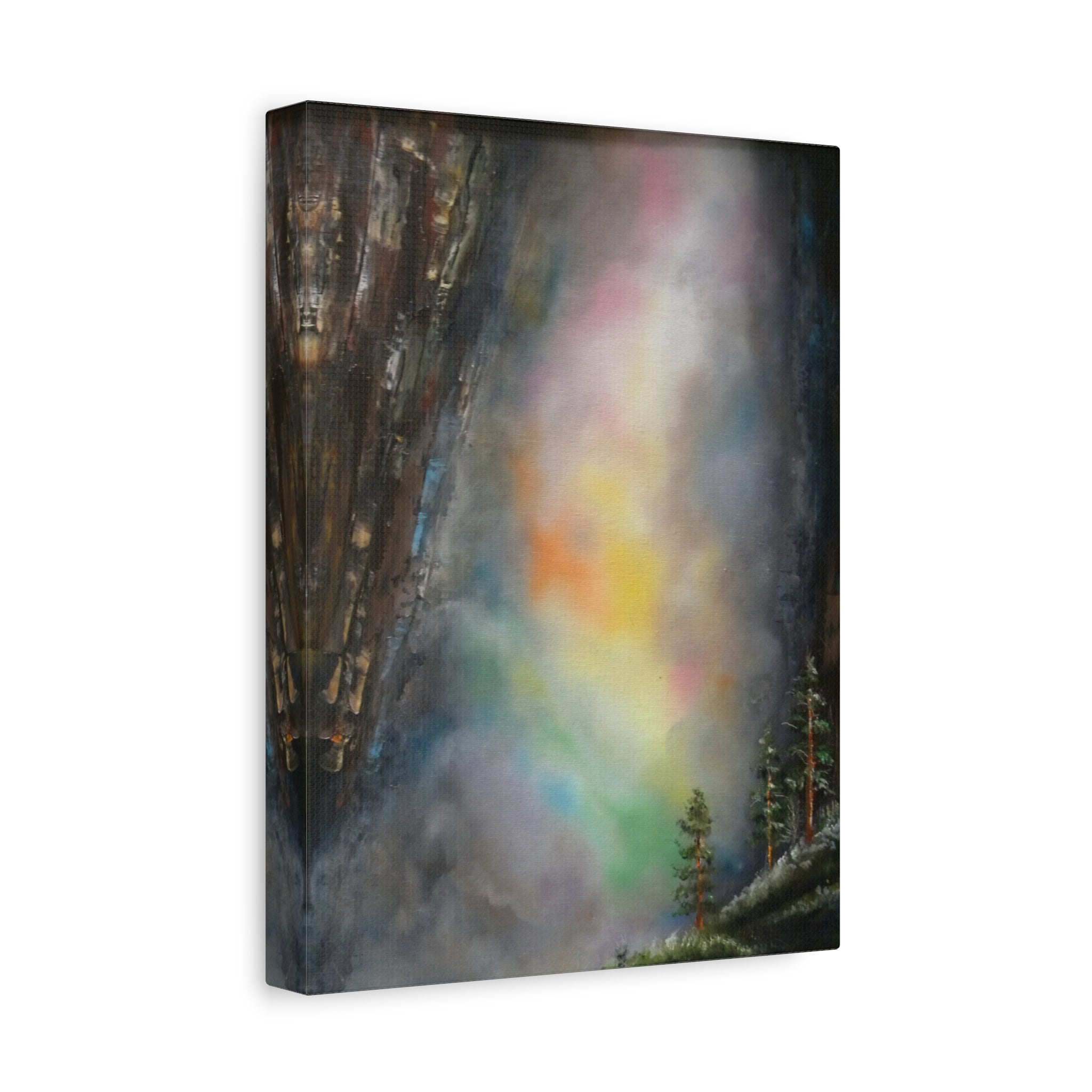 A canvas print featuring a mystical waterfall with a colorful, abstract mist in the foreground and a dark, rugged cliff in the background.