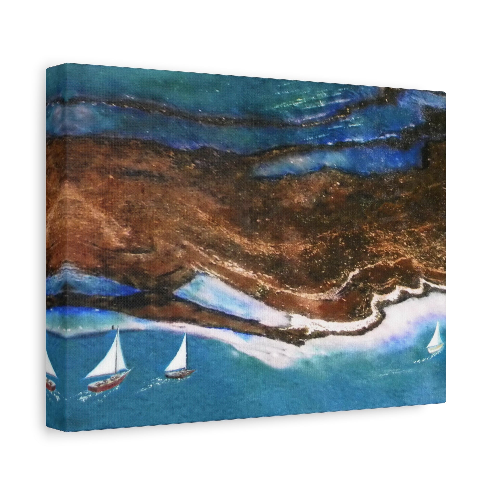Canvas print of a coastal scene with sailboats and a mountainous landscape.