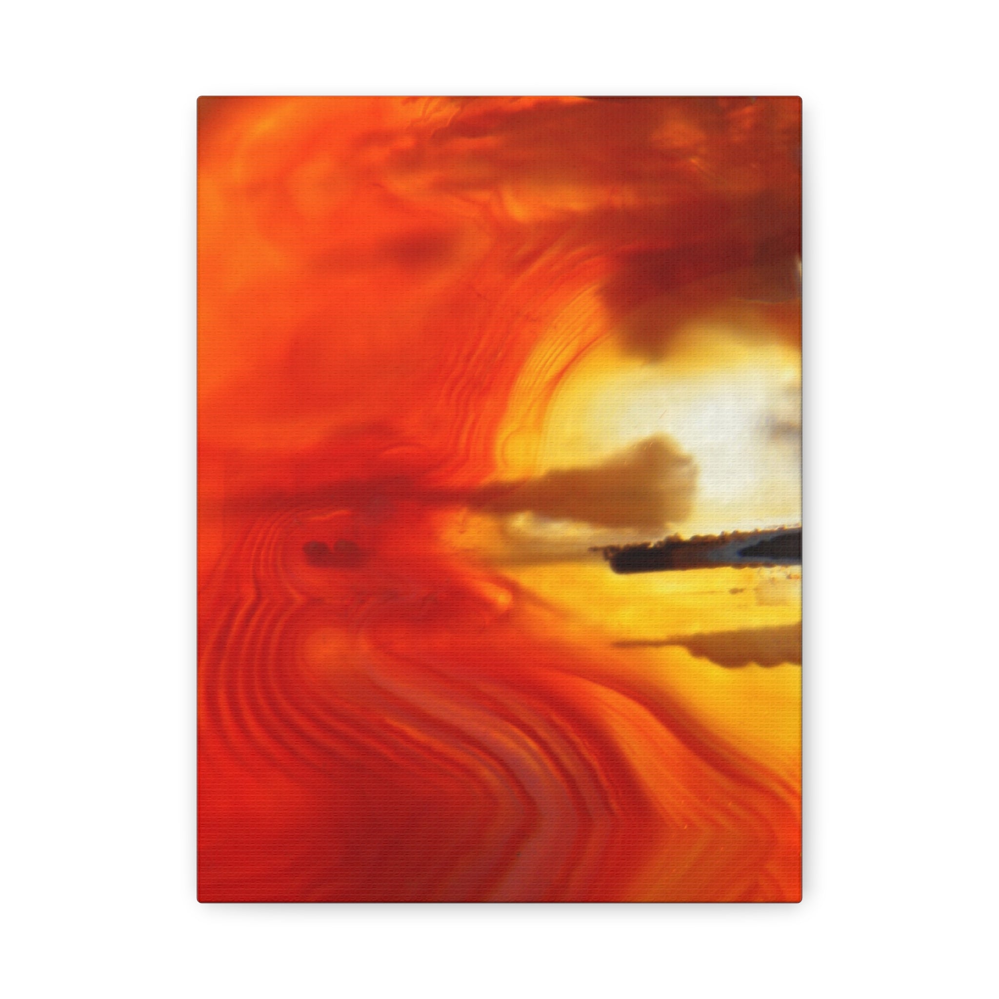 Abstract art print with swirling orange and red colors on a white background