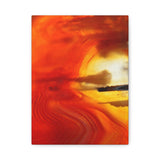 Abstract art print with swirling orange and red colors on a white background