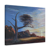 Painting of a landscape with a lone tree, mountains, and a sunset.