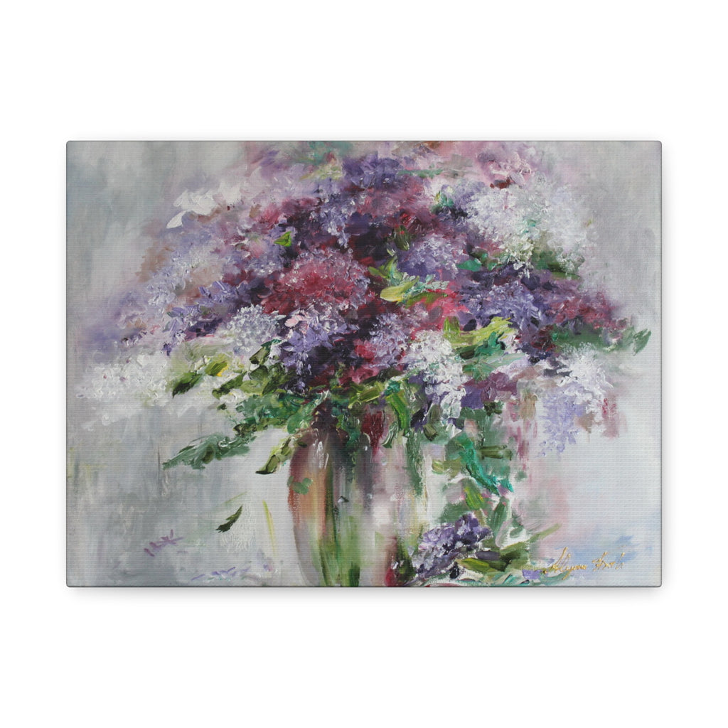 Canvas print of a floral painting with a vase of flowers on a white background