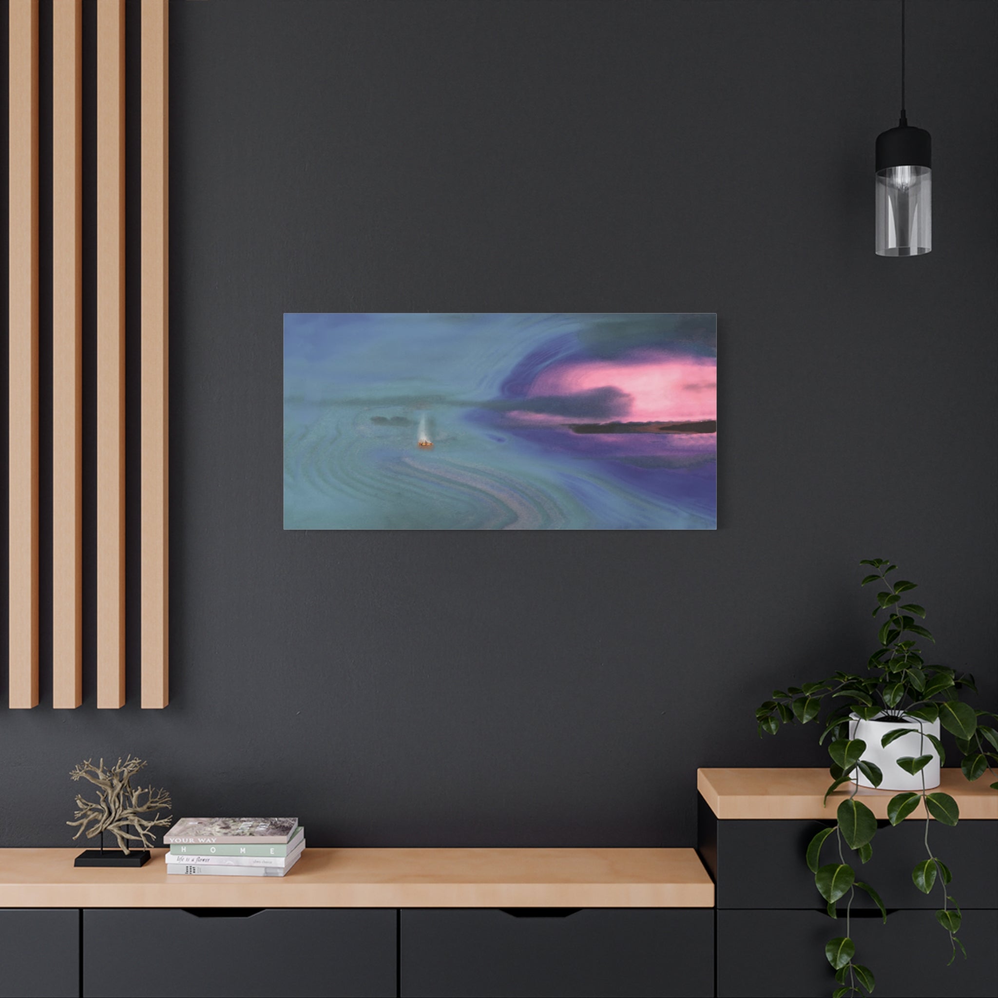 Abstract painting on a dark wall with wooden shelves and decor.