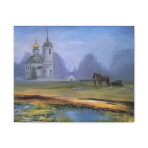 Painting of a church with horse and a cart in a field