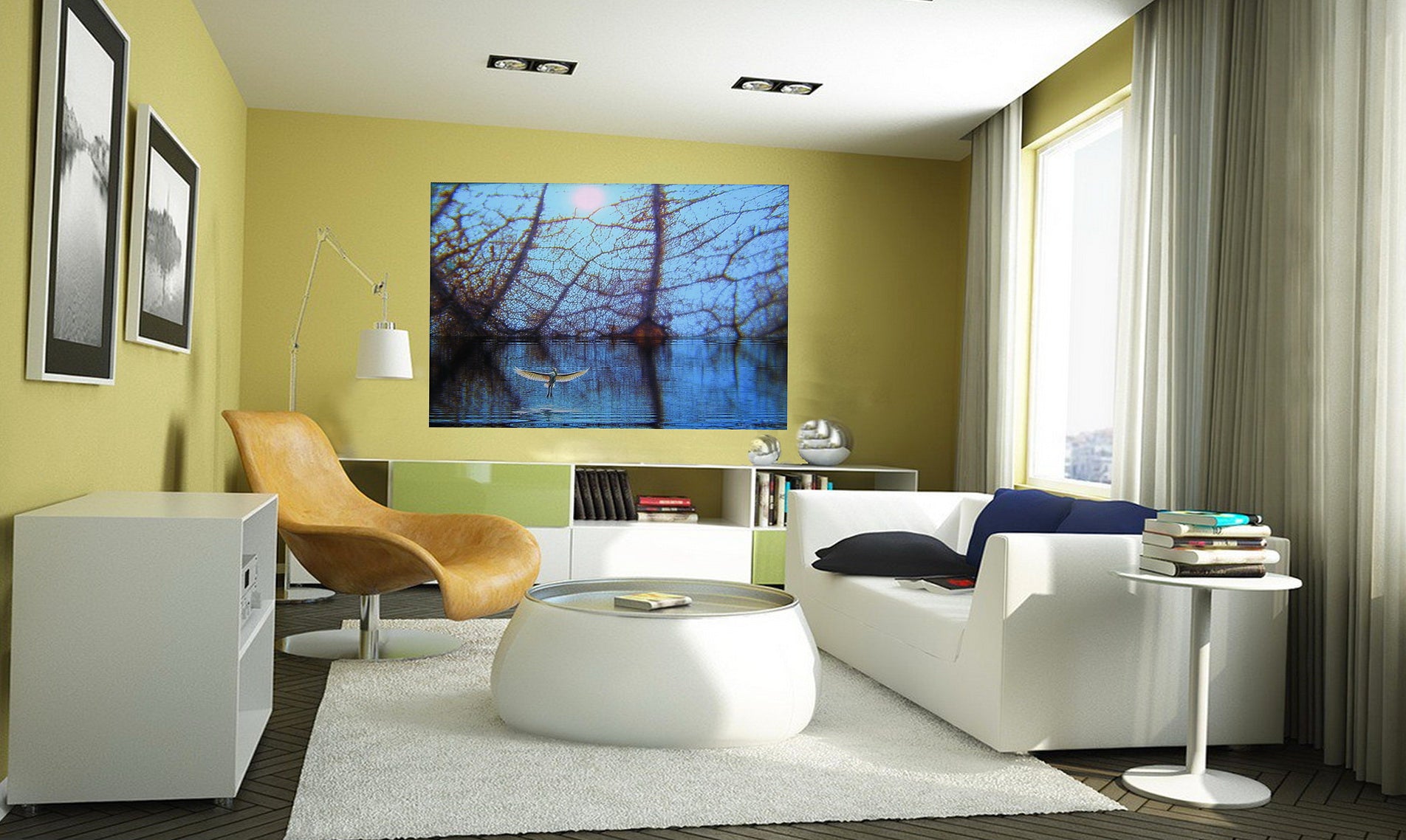 living room with blue canvas print on a wall