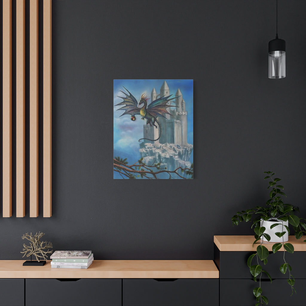 Framed artwork of a dragon and castle on a dark wall with wooden shelves and decor.