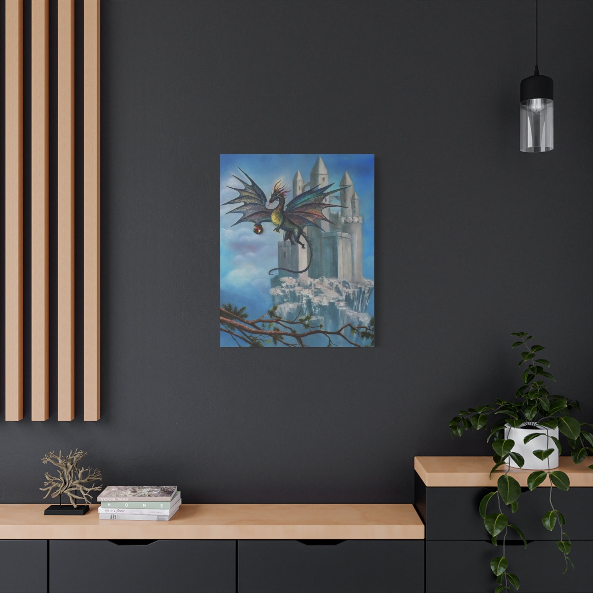 Framed artwork of a dragon and castle on a dark wall with wooden shelves and decor.
