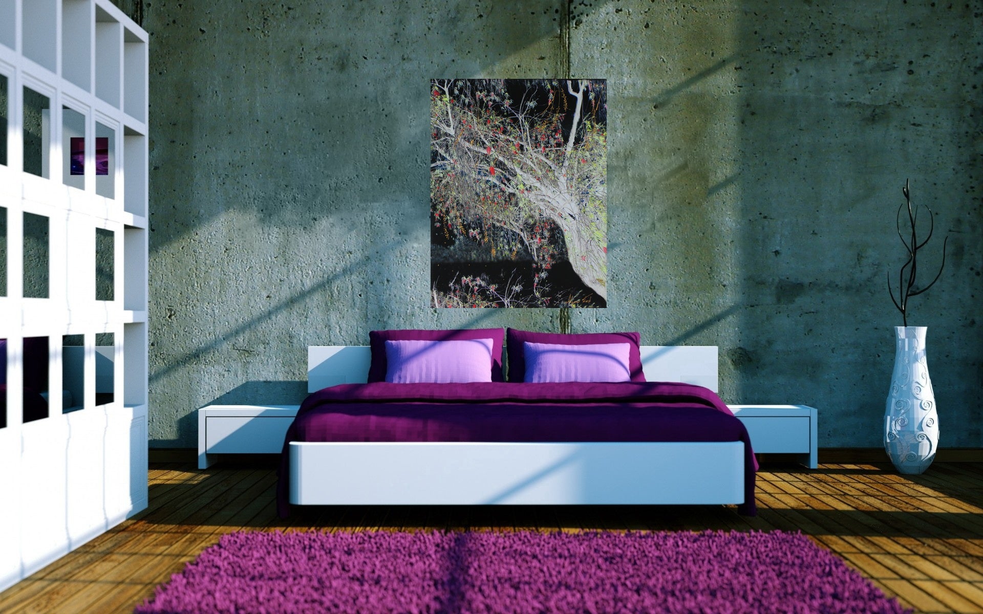 Modern bedroom with purple bedding and decor against a concrete wall.