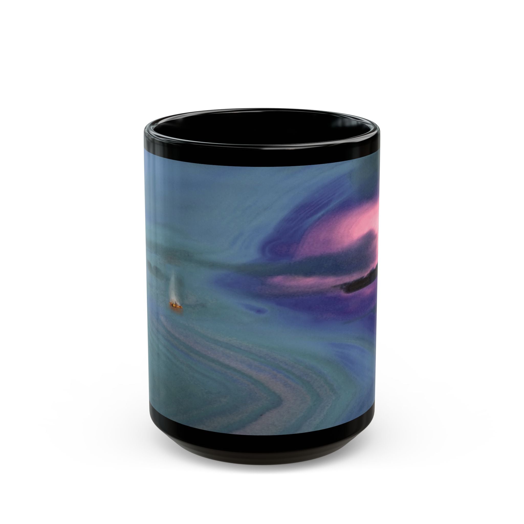Black mug with a scenic design of a sunset over water 