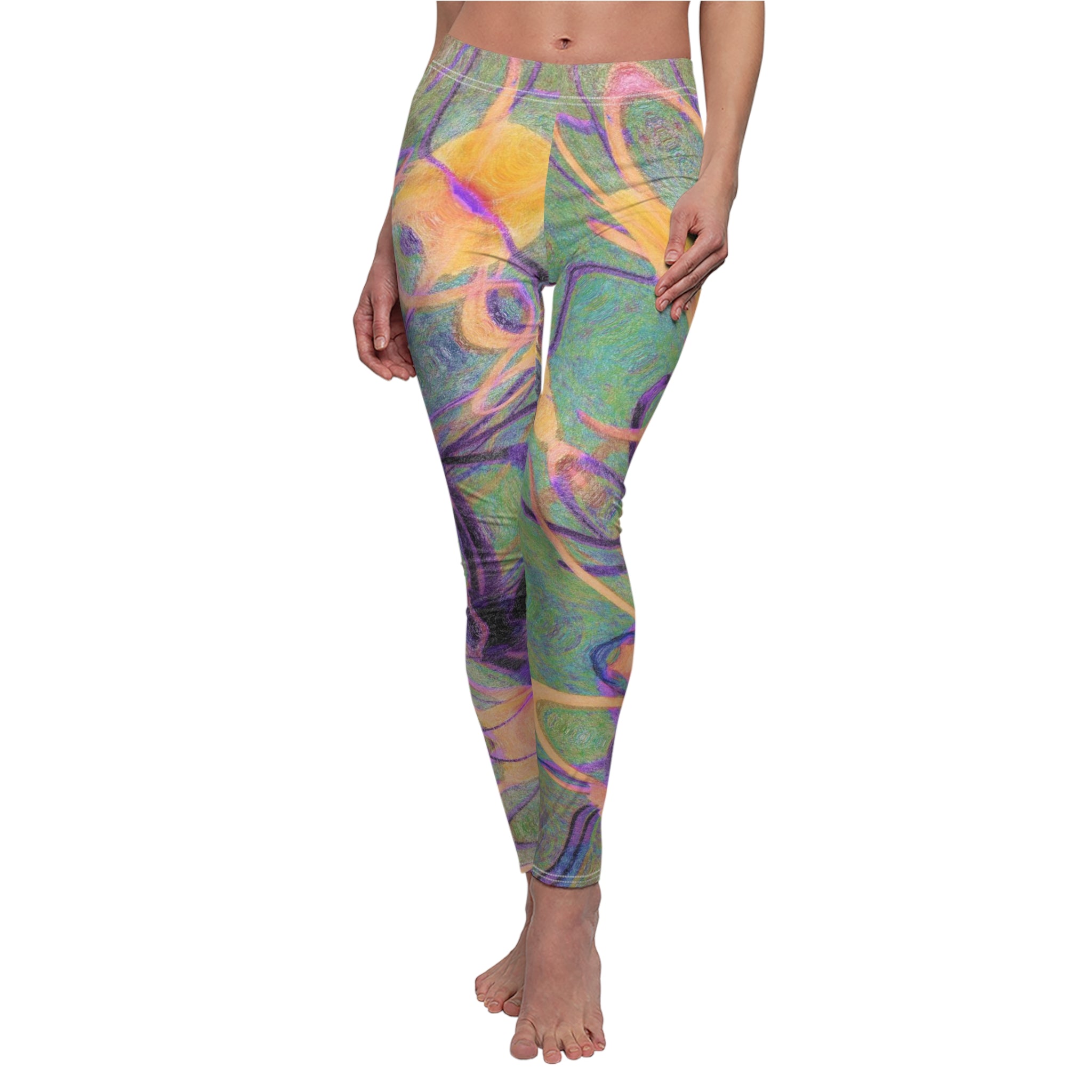 Colorful leggings with abstract design worn by a person on a white background