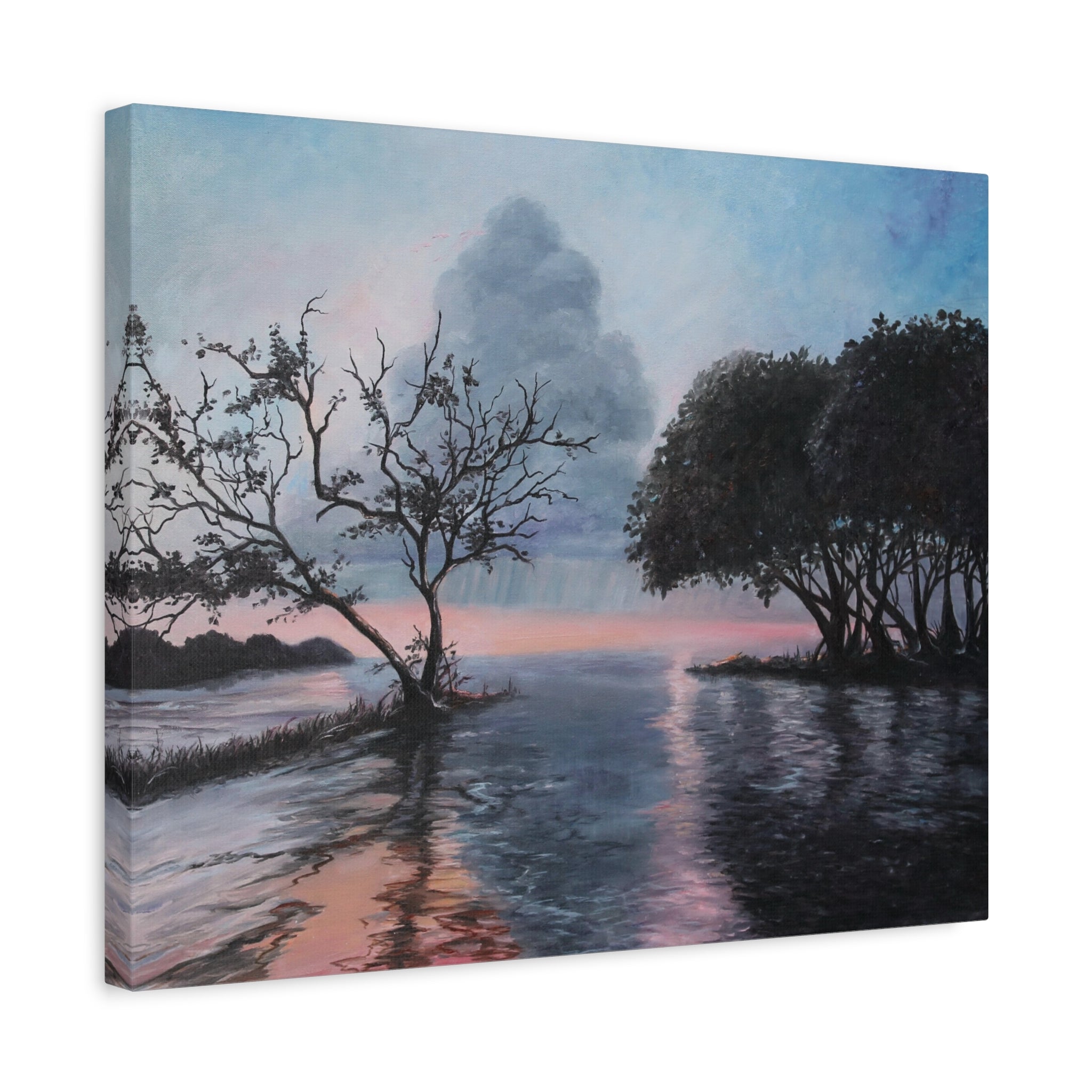 Canvas print of a landscape with trees by a body of water under a cloudy sky.