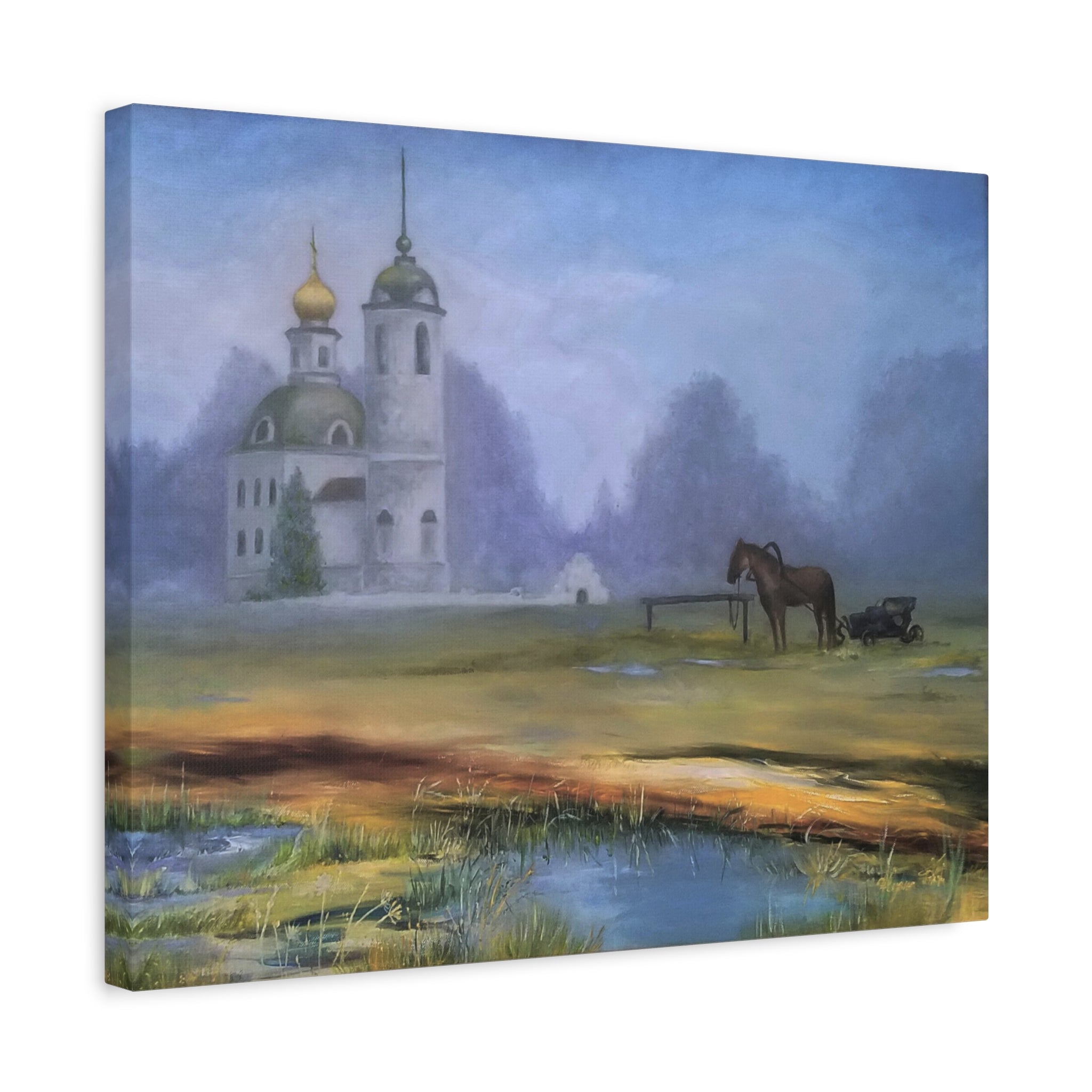Painting of a church with golden domes and a horse near a cart in a misty landscape.