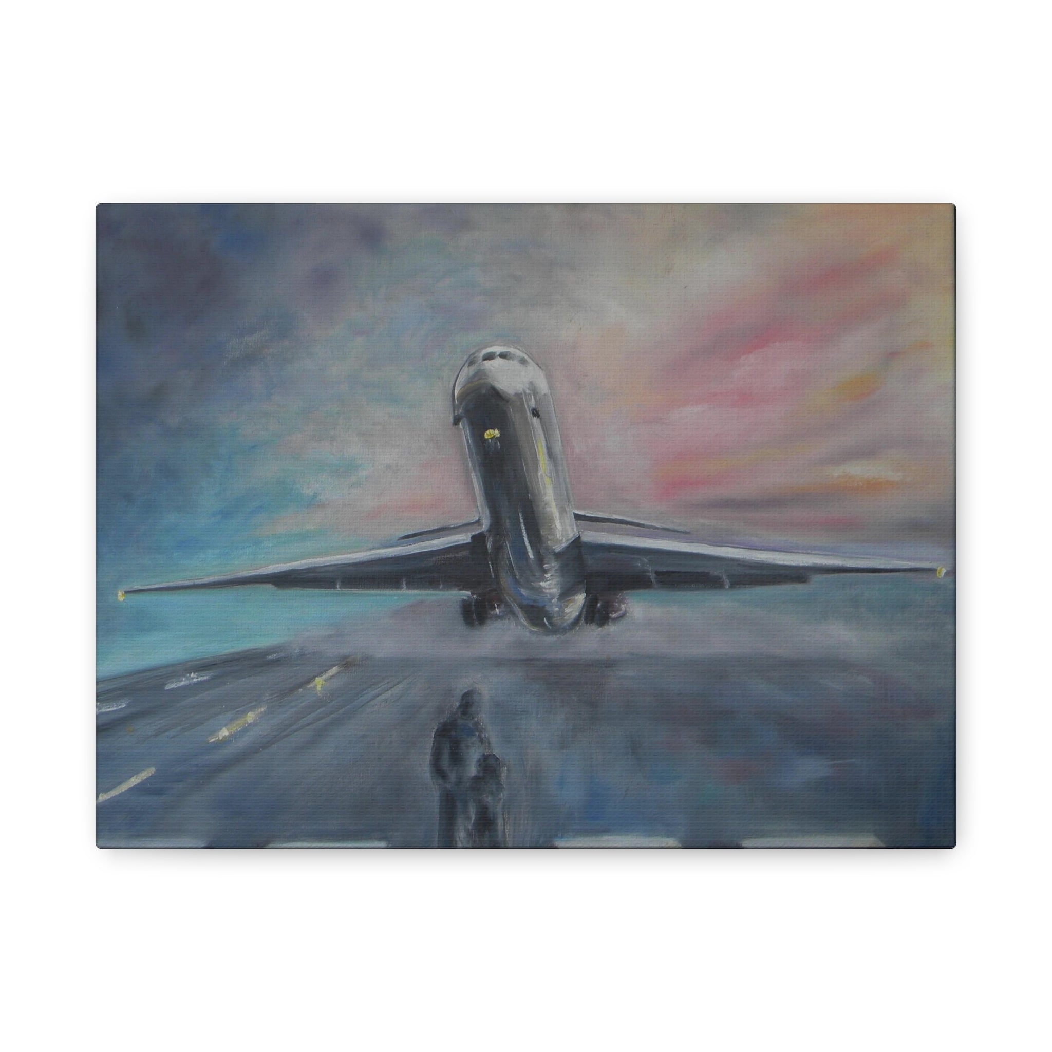 Painting of an airplane taking off with a colorful sky background
