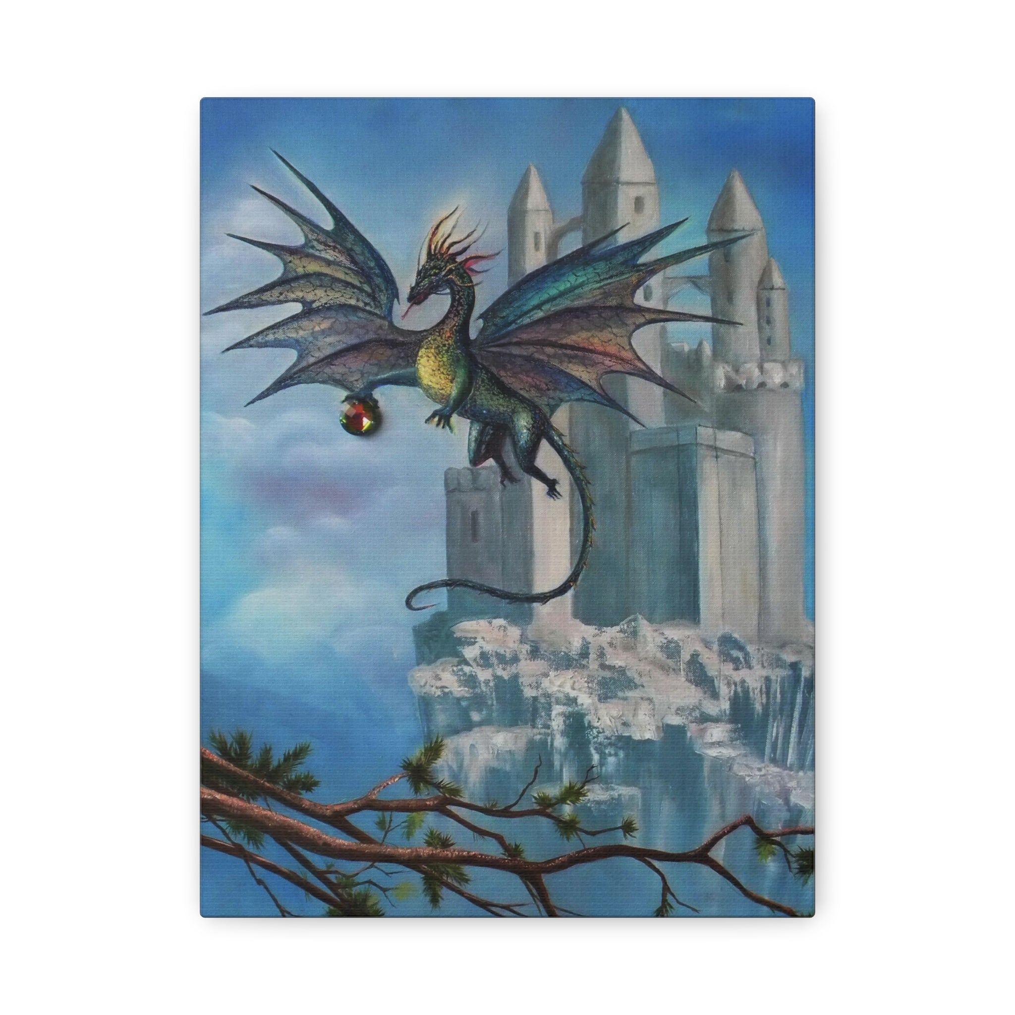Fantasy painting of a dragon flying over a castle with a cityscape in the background.
