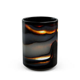 Black glass tumbler with wavy orange and white design on a white background