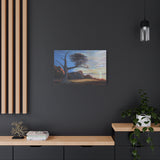 Artistic depiction of a tree on a dark wall with a wooden shelf and plant below.