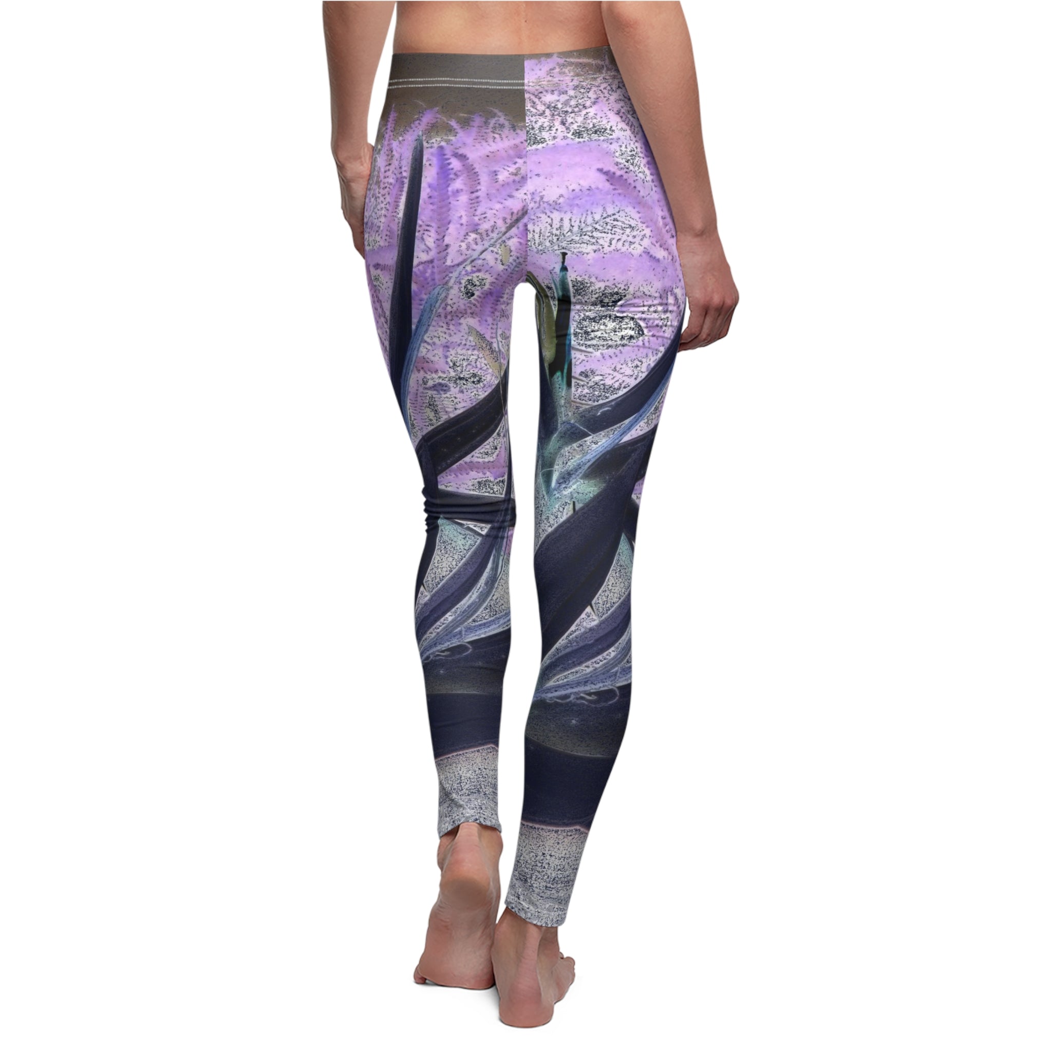 Leggings with a purple and gray abstract design on a white background