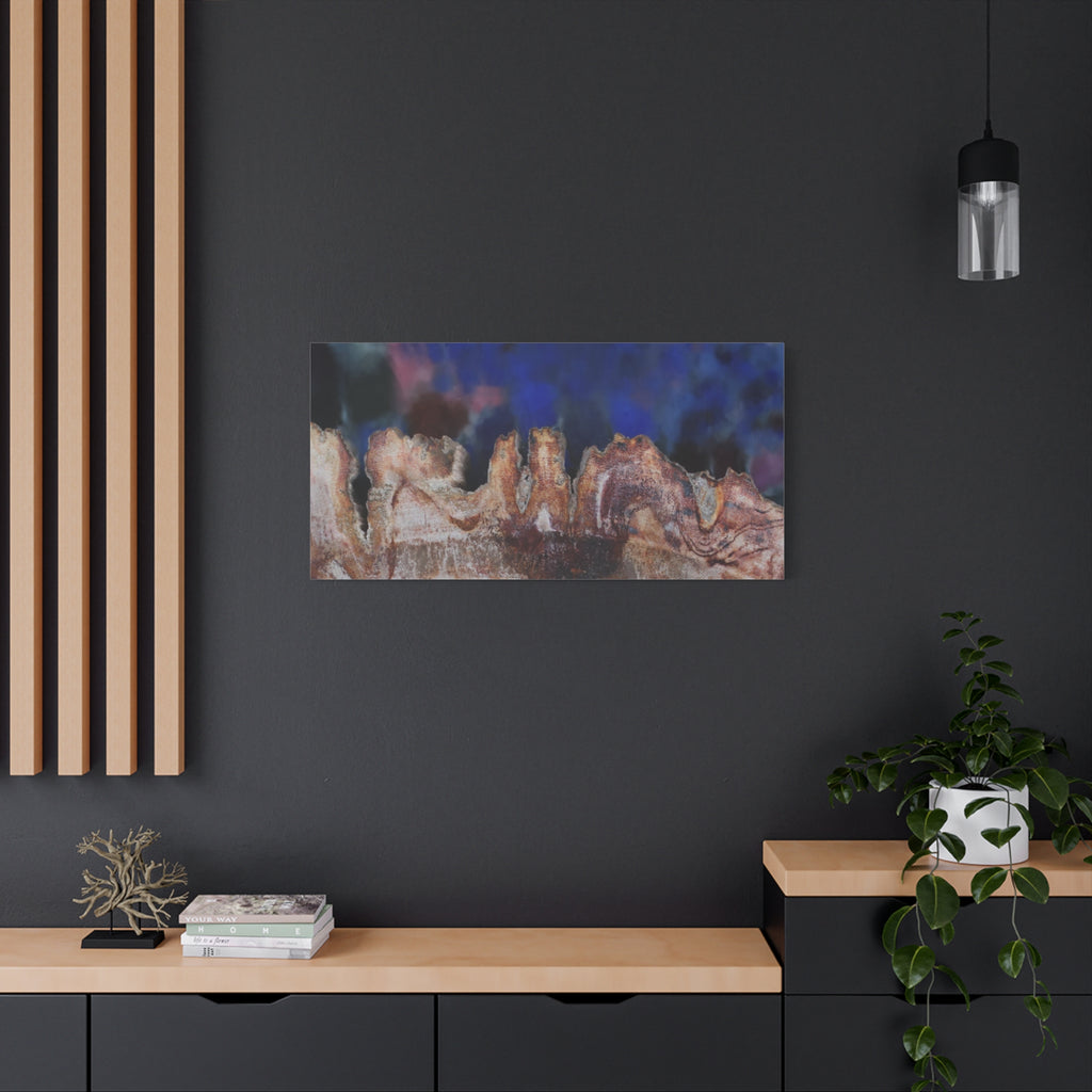 Abstract painting on a dark wall with wooden shelves and decor.