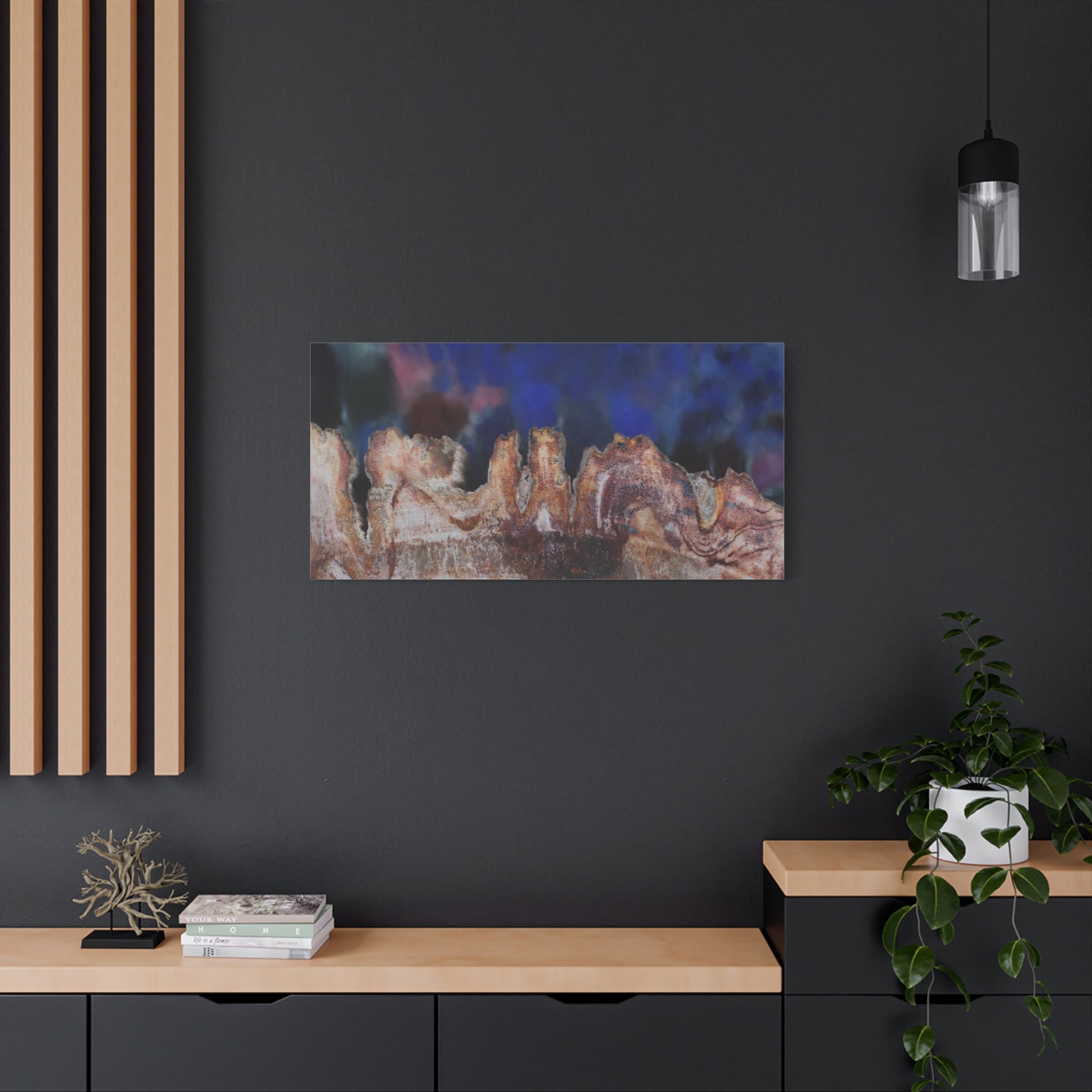 Abstract painting on a dark wall with wooden shelves and decor.