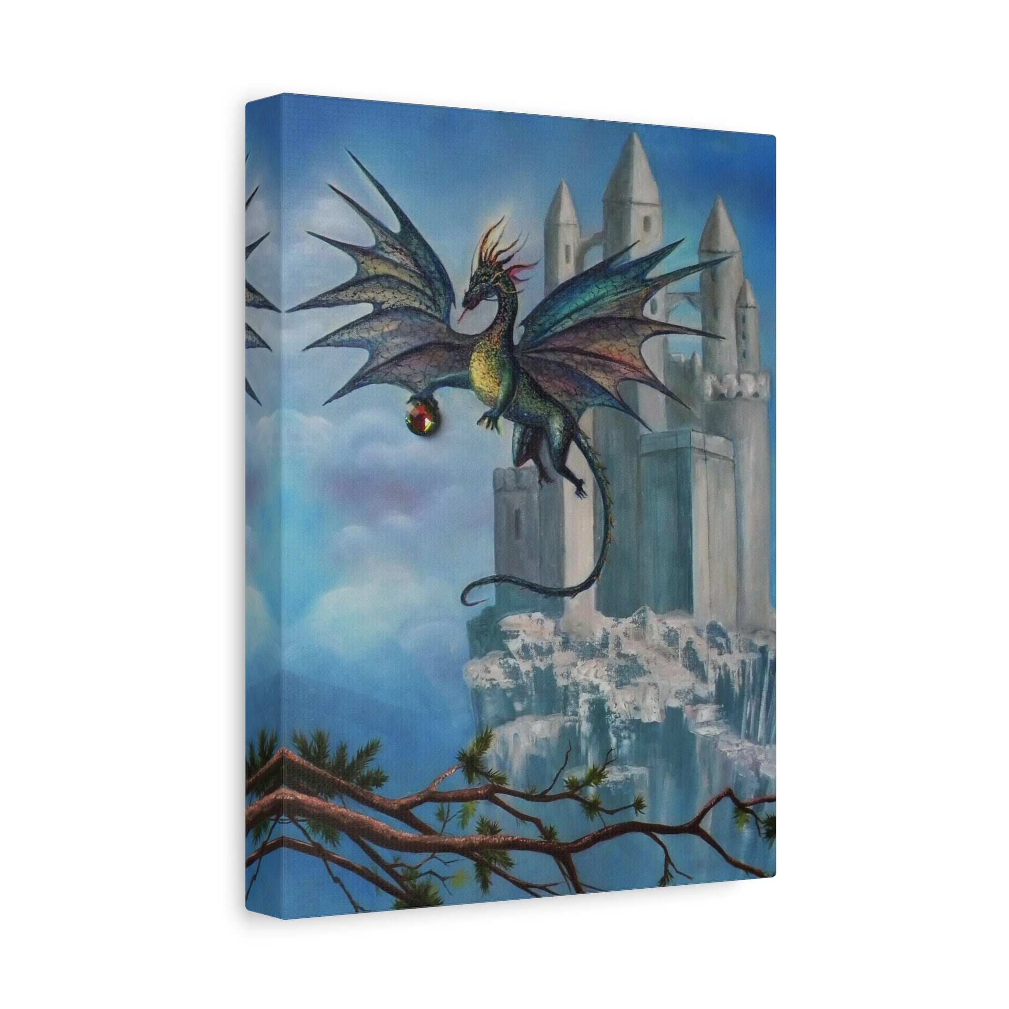 Canvas print with a dragon and castle design on a white background