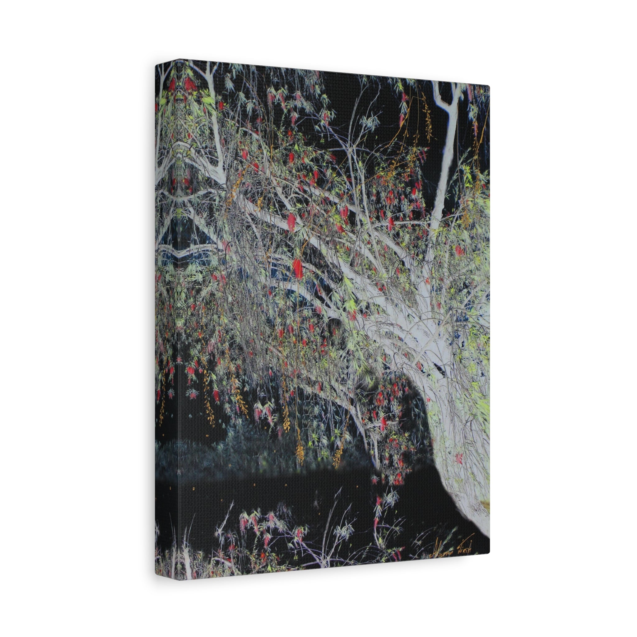 Canvas print of a tree with red berries against a black background