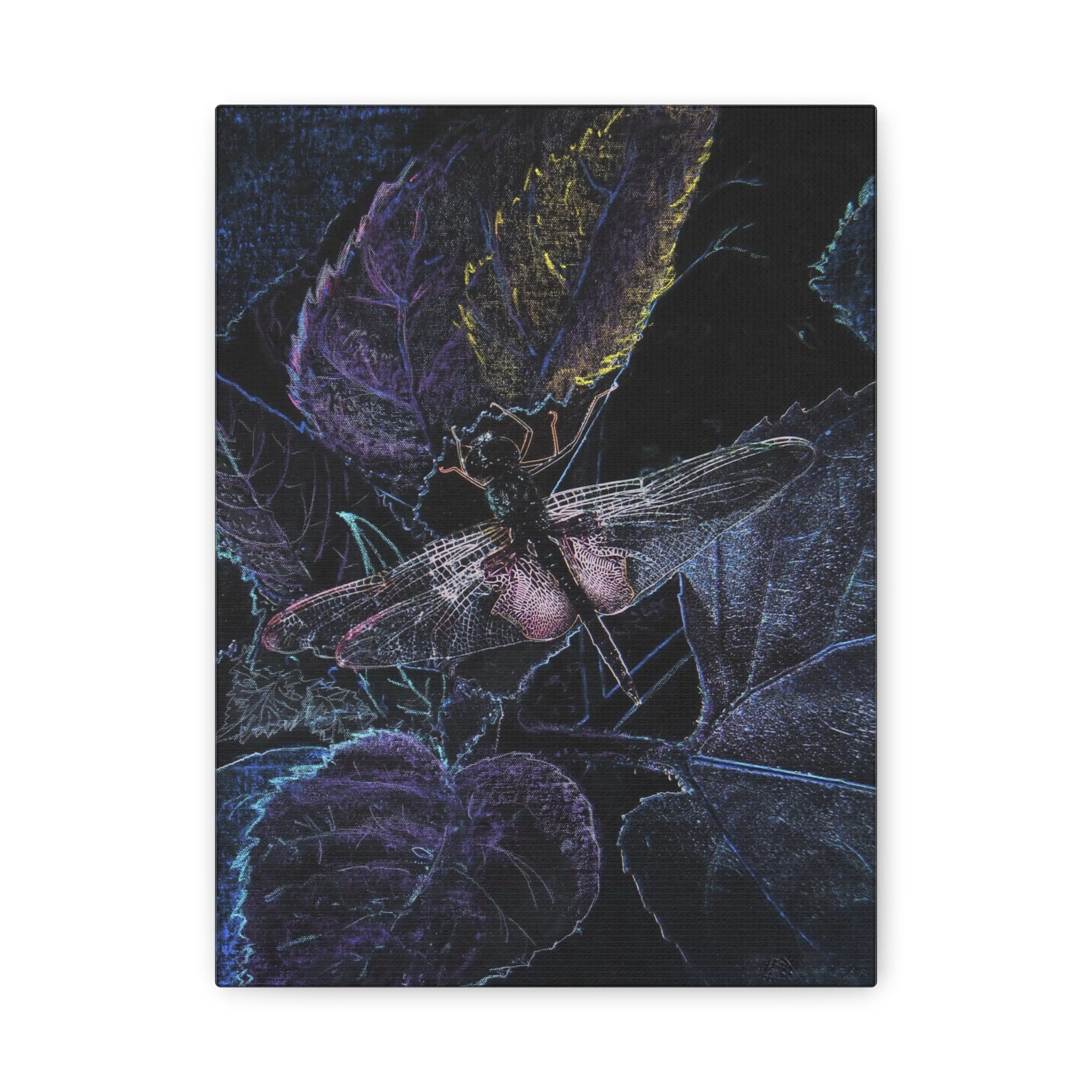 dragonfly and leaf design on a dark background